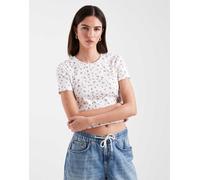 ONLY - Crop top bianco a coste con stampa di rose 38