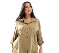 ONLY Curve - Camicia in misto lino kaki chiaro in coordinato-Verde 50