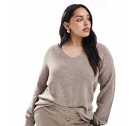 ONLY Curve - Maglione ampio beige a coste con scollo a V in coordinato-Neutro L