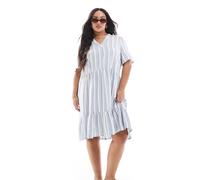 ONLY Curve - Vestito corto in misto lino azzurro a righe con scollo a V-Blu 52