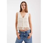 Only - Gilet in maglia all'uncinetto color crema con frange-Bianco 36