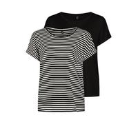 Only Maglietta da donna con scollo rotondo, confezione da 2, maglietta basic a maniche corte, girocollo, top con vestibilità regolare, a righe, blu, rosa, verde, nero, XS, S, M, L, XL, XXL, Nero W/Cd
