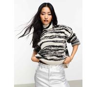 Only - Maglione accollato morbido bianco e nero a righe astratte 42