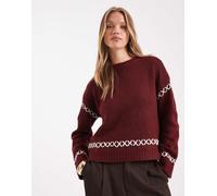 ONLY - Maglione bordeaux con scollo rotondo e dettagli a contrasto-Rosso 40