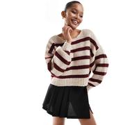 ONLY - Maglione bordeaux e crema a righe con scollo ampio-Bianco 42