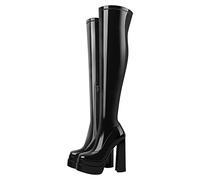 Only maker Stivali sopra il ginocchio elasticizzati da donna con plateau tacco a blocco, Pintura Nero, 39 EU