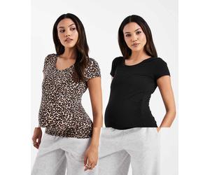 ONLY Maternity - Confezione da 2 T-shirt nera e animalier con scollo rotondo-Nero M