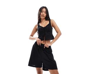 Only - Pantaloncini neri effetto lino testurizzati allacciati sul davanti in coordinato-Nero 38