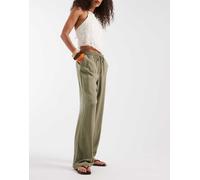 ONLY - Pantaloni a fondo ampio in misto lino kaki-Verde 36