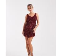 ONLY Petite - Vestito corto bordeaux con paillettes e piume sintetiche-Rosso 50