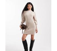 ONLY Petite - Vestito maglia accollato beige con maniche a sbuffo-Neutro 44-46