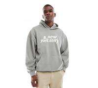 Only & Sons - Felpa grigio chiaro slavato vestibilità comoda con cappuccio e stampa New York-Verde 2XL