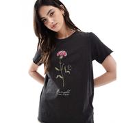 ONLY - T-shirt nera lavaggio acido con stampa di fiore-Nero 34