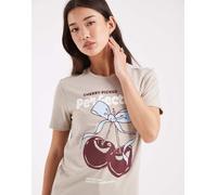ONLY - T-shirt squadrata beige chiaro con grafica con ciliegie-Neutro 34