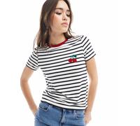 ONLY - T-shirt testurizzata nera e bianca a righe con dettaglio con ciliegia-Bianco 42