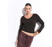 Only top a maniche lunghe con scollo a V e dettagli in pizzo color cioccolato-Marrone 34