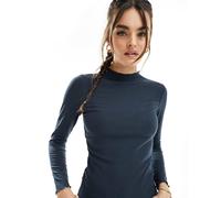 Only - Top accollato blu navy a coste con bordi smerlati 34