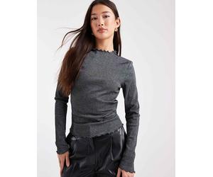 ONLY - Top accollato nero glitterato a coste con bordi smerlati 36