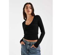 ONLY - Top squadrato a maniche lunghe bianco con scollo a V-Nero 3XL