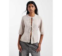 ONLY - Top squadrato in maglia beige a maniche corte con allacciatura frontale-Neutro 38