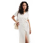 ONLY - Vestito camicia in misto lino color crema allacciato in vita-Bianco 44