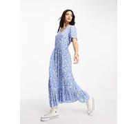 Only - Vestito lungo con scollo a V e maniche a sbuffo blu a fiori 34