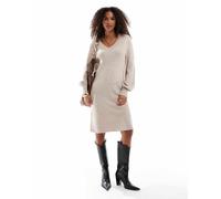 ONLY Abito Maglia Donna Lunghezza Midi Scollo a V Maniche a Palloncino Elegante, Colore:Beige, Taglia:M