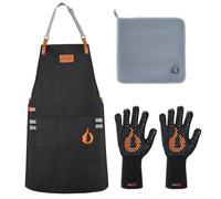 onlyfire Grembiule da cucina con tasche, guanti resistenti al calore fino a 800 °C e panno di pulizia per cucinare, grigliare, barbecue, affumicare, cuocere, friggere, accessori per barbecue