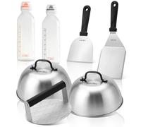 onlyfire Kit Accessori Multiuso per Piastra, 2 Coperchio per Hamburger, Spatola per Piastra, Raschietto per Barbecue, Smash Burger Press e 2 Bottiglia Squeeze per Teppanyaki e Campeggio