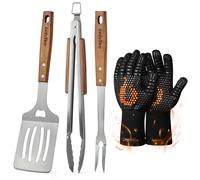 onlyfire Set di Attrezzi per Il Barbecue da 4 Pezzi, Spatola per Piastra Forata, Pinze da Cucina, Forchetta per Grill e Guanti da Barbecue, Utensili Professionali per Grigliate e Cucina All'aperto