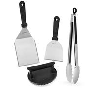 onlyfire Set di Spatola 4pcs Kit Utensili Barbecue per Teppanyaki, Smash Burger Pressa per Hamburger in Ghisa, Spatola per Piastra, Raschietto per Barbecue e Pinze da Cucina, Kit Utensili Barbecue