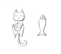 ONLYJUMP Orecchini a perno a forma di gatto e pesce per le donne unici Cat Loves Fish Orecchini in argento Sterling 925 Dolce asimmetrico Gatto Pesce Orecchini a perno Carini Animali Gioielli