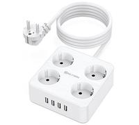 ONLYWIN Ciabatta elettrica a 4 scomparti con 4 USB (5 V/3,1 A) Multipresa a parete con protezione da sovraccarico 10 A (2500 W), spina multipla con USB per casa, ufficio, scuola, viaggio, cavo da 2 m,