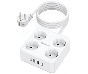 ONLYWIN Ciabatta elettrica a 4 scomparti con 4 USB (5 V/3,1 A) Multipresa a parete con protezione da sovraccarico 10 A (2500 W), spina multipla con USB per casa, ufficio, scuola, viaggio, cavo da 2 m,
