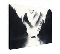 OnlyWow© Poster da Esterno 70x50 cm Giardino Decor Design Moderno Dipingere Tele Balcone Terrazzo Decorazione Muro Murali Barca a Remi - Nebbia - Montagne - Uccelli
