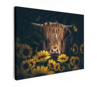 OnlyWow© Poster da Esterno 70x50 cm Giardino Decor Design Moderno Dipingere Tele Balcone Terrazzo Decorazione Muro Murali Highlander Scozzese - Fiori - Mucca - Botanica - Animali