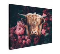 OnlyWow© Poster da Esterno Giardino Decor Design Moderno Dipingere Tele | 70x50 cm - Balcone Terrazzo Decorazione Muro Murali Mucca - Highlander scozzese - Fiori - Botanica