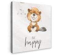 OnlyWow© Quadro da Giardino 100x100 cm Decoration Murale Balcone Terrazzo Decori Telo Decorativo Stampa Grande Bellissimi Home Decoro Citazioni - Essere Felici - Bambini - Luna - Castoro
