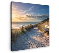 OnlyWow© Quadro da Giardino 60x60 cm Decoration Murale Balcone Terrazzo Decori Telo Decorativo Stampa Grande Bellissimi Home Decoro Tramonto - Spiaggia - Duna - Erba - Panchina