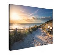 OnlyWow© Quadro da Giardino Decoration Murale Balcone Terrazzo Decori Telo | 70x50 cm - Decorativo Stampa Grande Bellissimi Home Decoro Tramonto - Spiaggia - Duna - Erba - Panchina