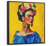 OnlyWow© Tela Con Cornice Nera Canvas Stampe Quadri Moderni Parete Poster | 50x50 cm Elegante Dipinti Bellissimi Wall Decori Stanza Ufficio Quadri Da Design Frida Kahlo - Donna - Giallo - Blu