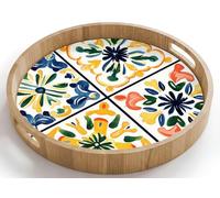 OnlyWow© Vassoio Rotondo 40x40 cm Vassoi Da Portata Di Legno Quercia Per Caffe Resistente Ai Graffi Design Tray Decorativo Servitore Spagnolo - Piastrelle - Ceramica - Fiori