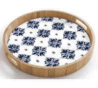 OnlyWow© Vassoio Rotondo 40x40 cm Vassoi Da Portata Di Legno Quercia Per Caffe Resistente Ai Graffi Design Tray Decorativo Servitore Motivo a piastrelle - Blu - Bianco - Fiore