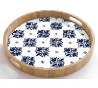 OnlyWow© Vassoio Rotondo 50x50 cm Vassoi Da Portata Di Legno Quercia Per Caffe Resistente Ai Graffi Design Tray Decorativo Servitore Motivo a piastrelle - Blu - Bianco - Fiore
