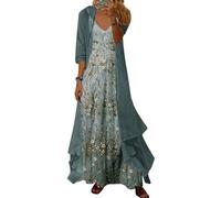 Onsoyours Abito Donna Floreale Vestito Suit Elegante Cerimonia Sera Abiti Boho Stampa Due Pezzi Set Senza Maniche Spaghettiträger Vestiti Cardigan in Chiffon Vacanza Spiaggia Dress A07 Blu S