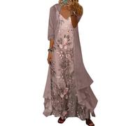 Onsoyours Abito Donna Floreale Vestito Suit Elegante Cerimonia Sera Abiti Boho Stampa Due Pezzi Set Senza Maniche Spaghettiträger Vestiti Cardigan in Chiffon Vacanza Spiaggia Dress A03 Grigio M