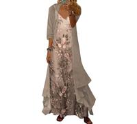 Onsoyours Abito Donna Floreale Vestito Suit Elegante Cerimonia Sera Abiti Boho Stampa Due Pezzi Set Senza Maniche Spaghettiträger Vestiti Cardigan in Chiffon Vacanza Spiaggia Dress A03 Grigio XL