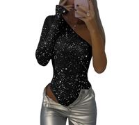 Onsoyours Body Donna Elegante Monospalla Manica Lunga in Paillettes Perizoma in Rete Top Body Scintillante Camicette Argento Scintillante Manica Lunga Blusa Camicie Top A Nero L