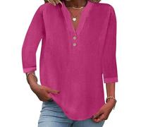 Onsoyours Camicia Donna Lino Cotone Elegant Maniche a 3/4 Scollo V Maglia con Bottoni Tunica Solidi Blouse A Fucsia XS