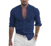 Onsoyours Camicia Lino Casual da Uomo Maglietta T-Shirt in Cotone Lino a Maniche Lunga Scollo a V Unita Elegante Moda A Blu Navy XL